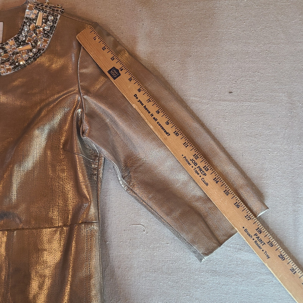 Chicos 1 Champagne Gold Leather Jacket 25th Anniversary Jeweled Collar Size M - Picture 14 of 16